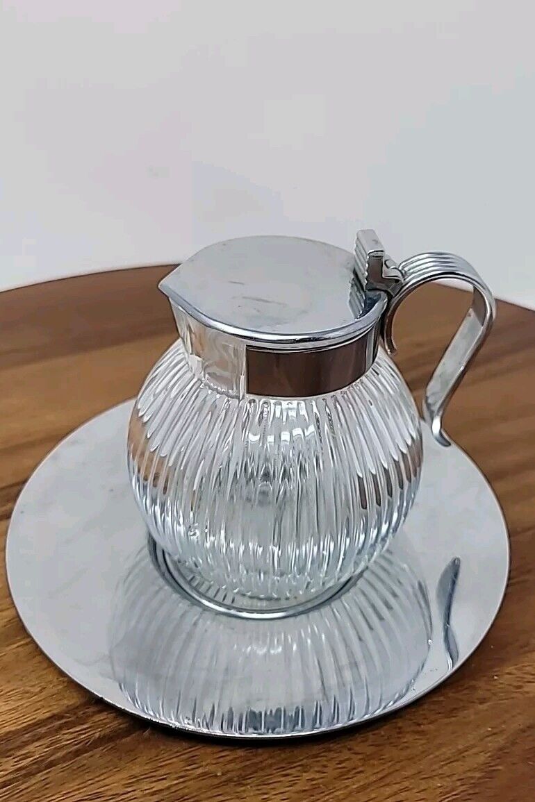 Vintage Art Deco Jubilee Syrup Pitcher Jug Server - Chase Chrome Co. With Plate