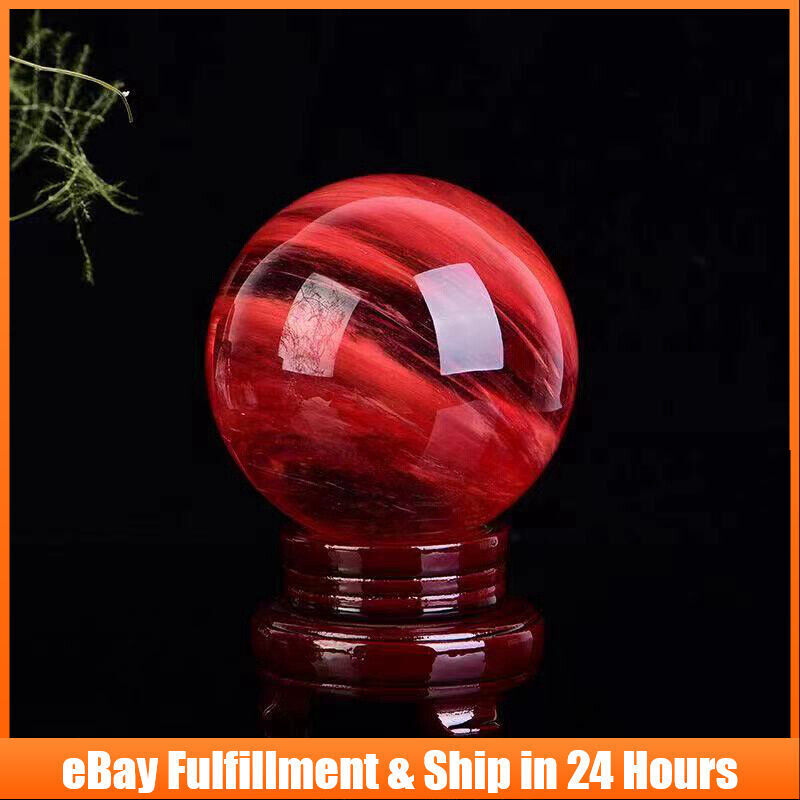 80mm Natural Gemstone Red Smelting Quart Ball Healing Crystal Sphere W/ Stand US