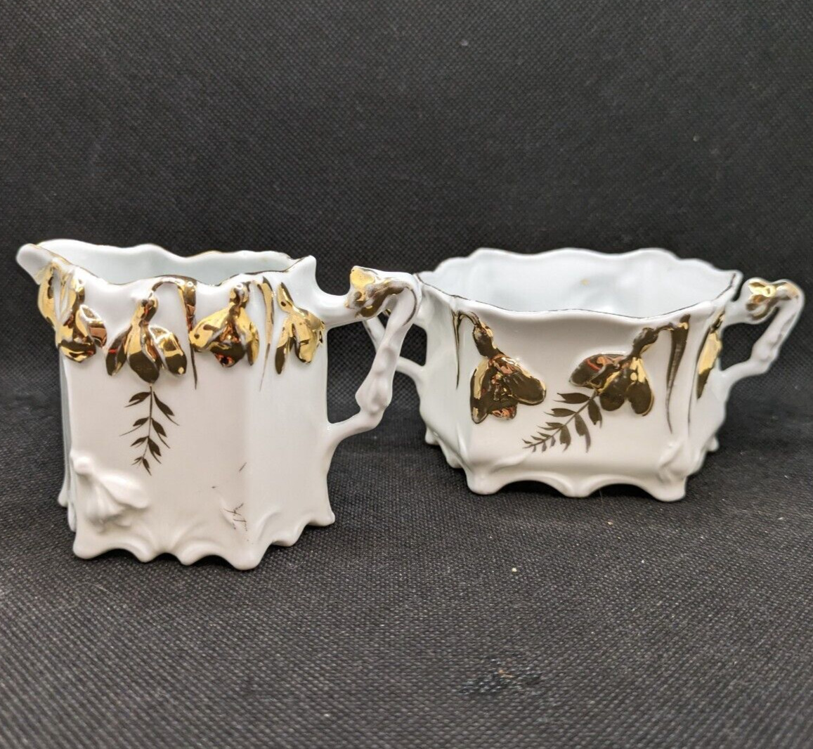 Antique RS Prussia creamer and sugar Set Snow Drop Pattern White with Gold Trim