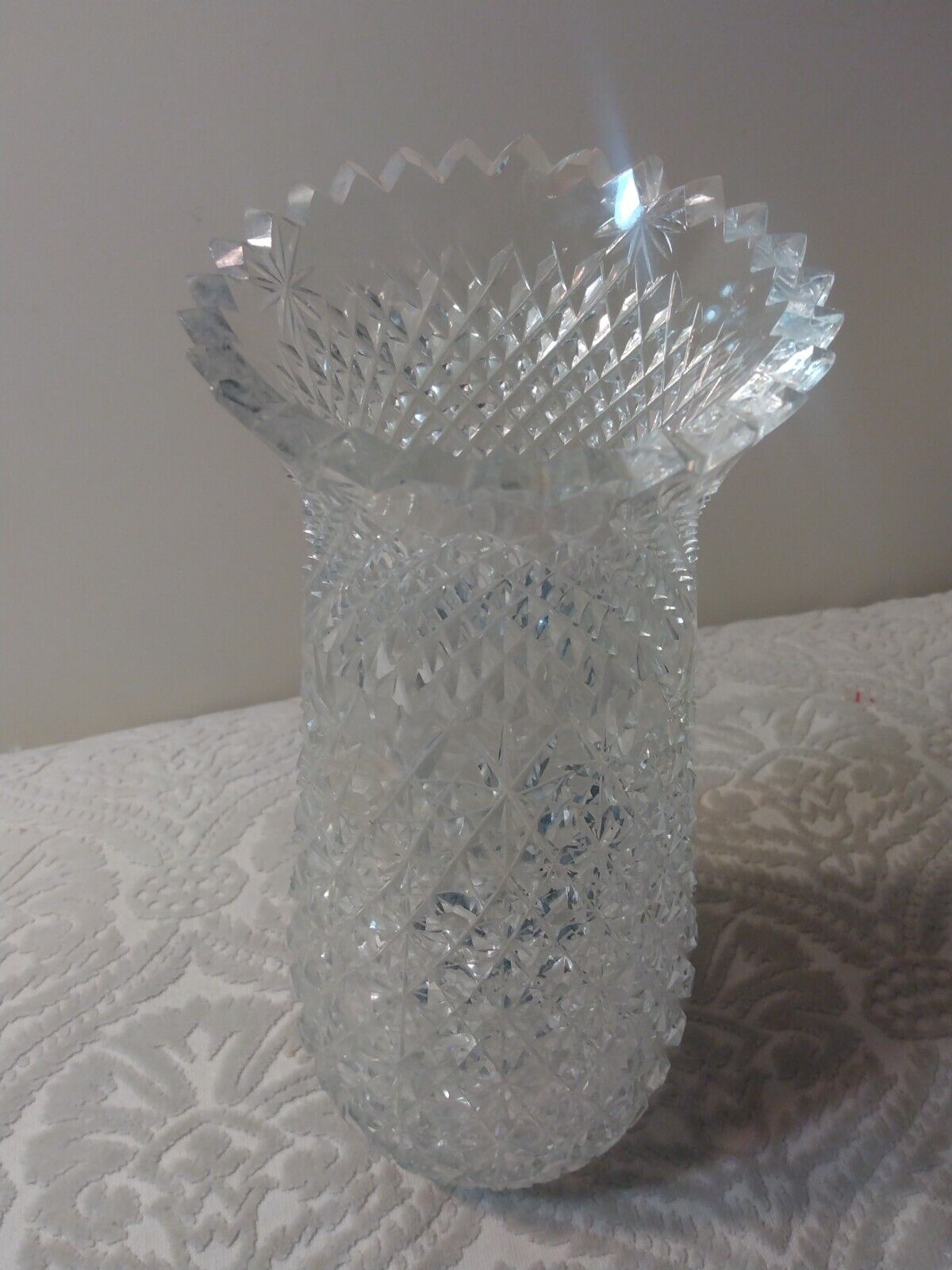 Vtg Finest CUT GLASS Crystal VASE Clear w  Signature 12\