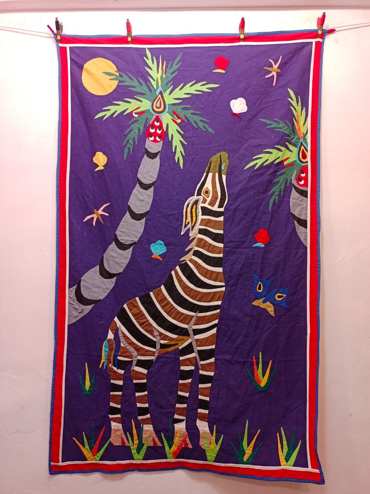 Vintage Gorgeous Abomey Benin Applique AfricanBannwr Giraffe Textile 162×97 Cm