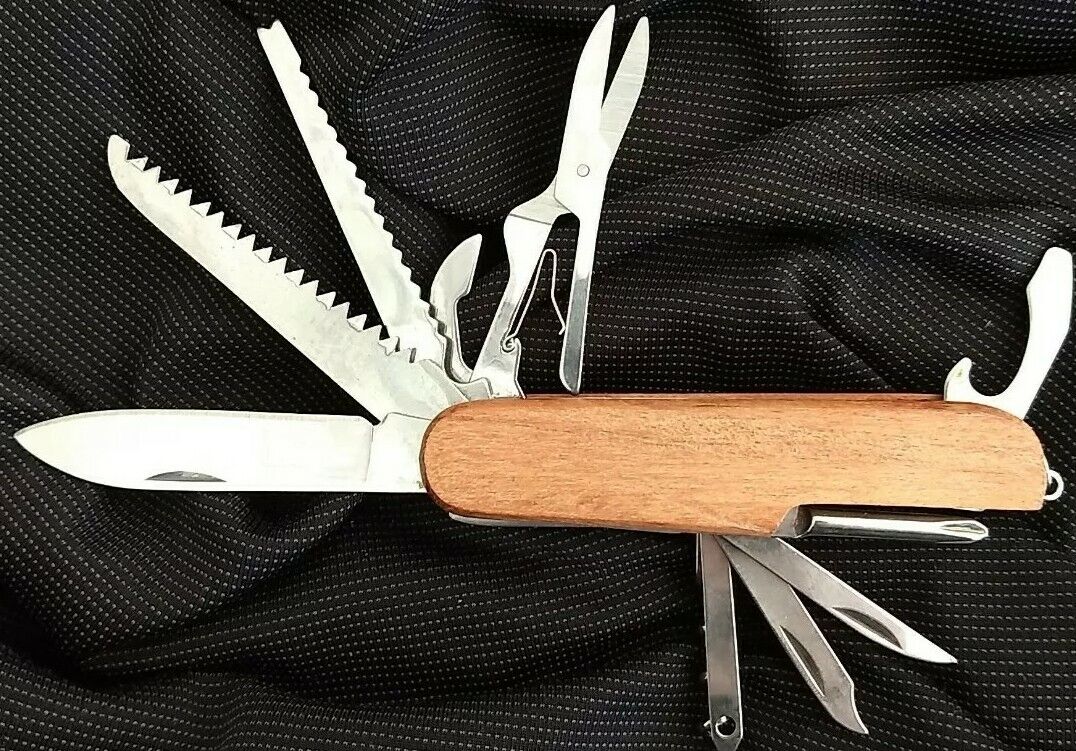 Real Wood Swiss Scout Camping Knife Pocket Multi Tool - Free Same Day Shipping