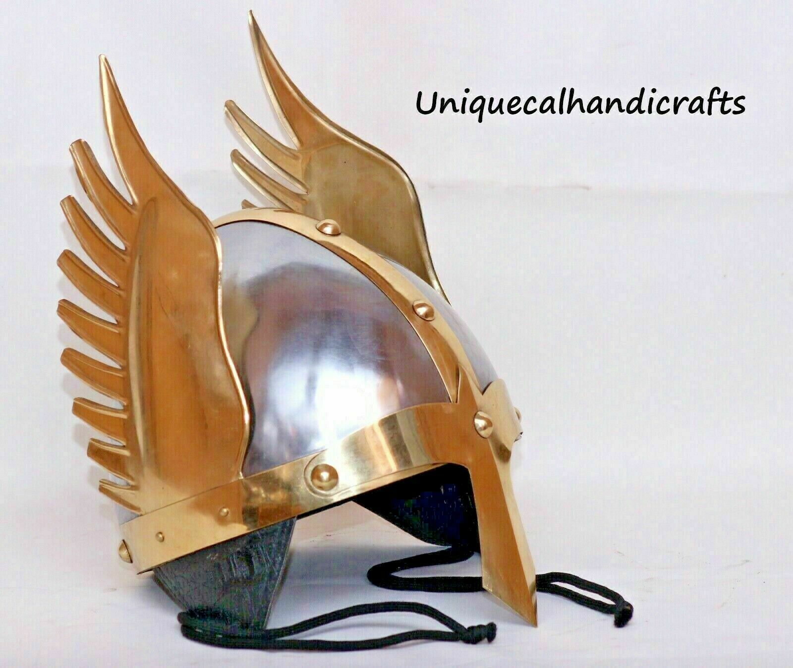 Steel Brass Viking Helmet Knight Norman Warrior 18 ga Replica Brass Wing Helmet 