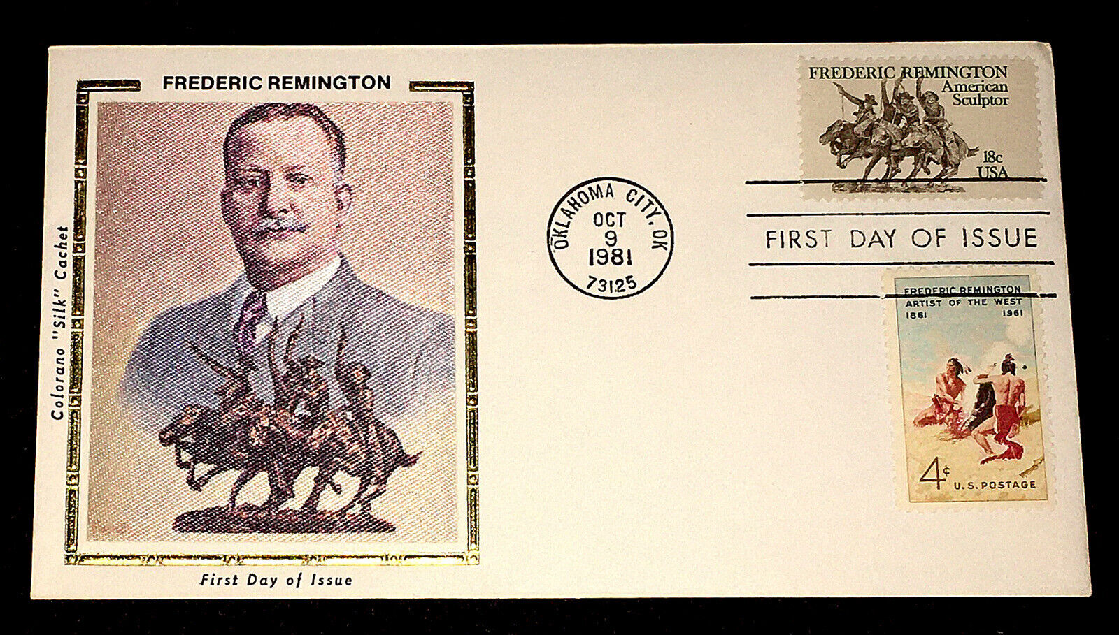FREDERIC REMINGTON 1981 AMERICAN SCULPTOR SILK FIRST DAY COVER + 1961 STAMP