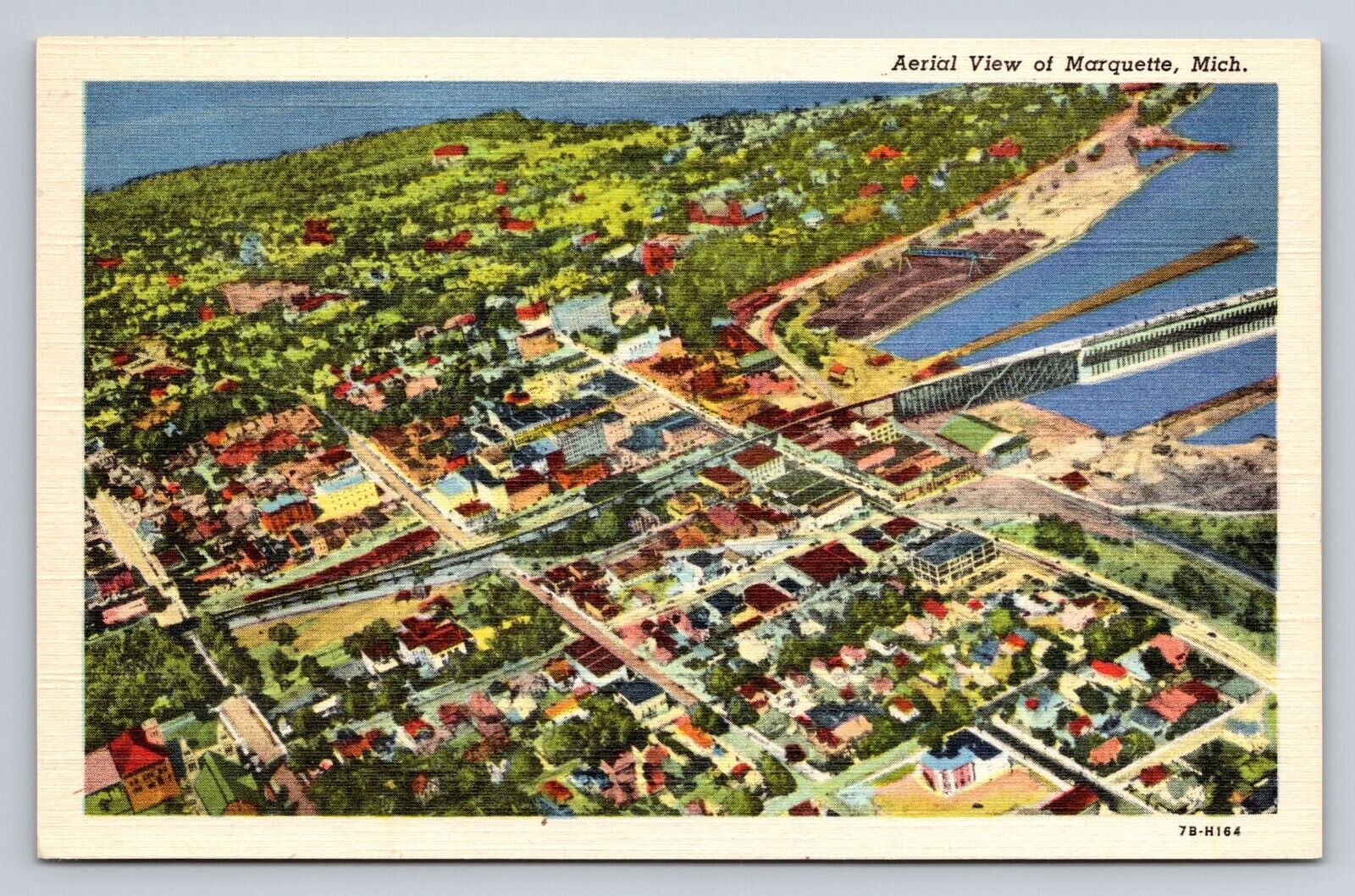 Marquette Michigan Aerial View MI Vintage Postcard View Linen Unused