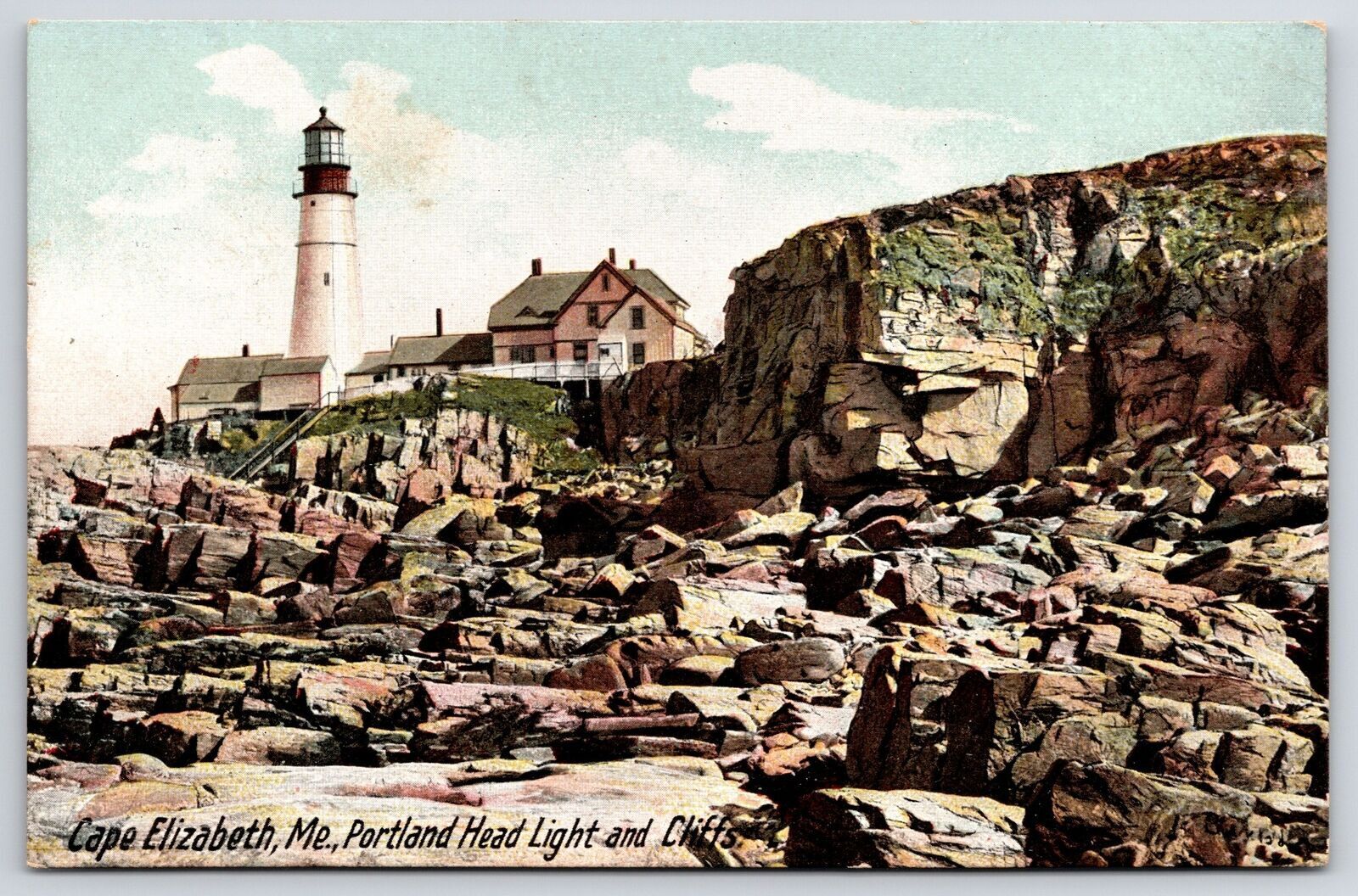 1907 Cape Elizabeth Maine ME Head Light And Cliffs Antique Photo Posted Postcard
