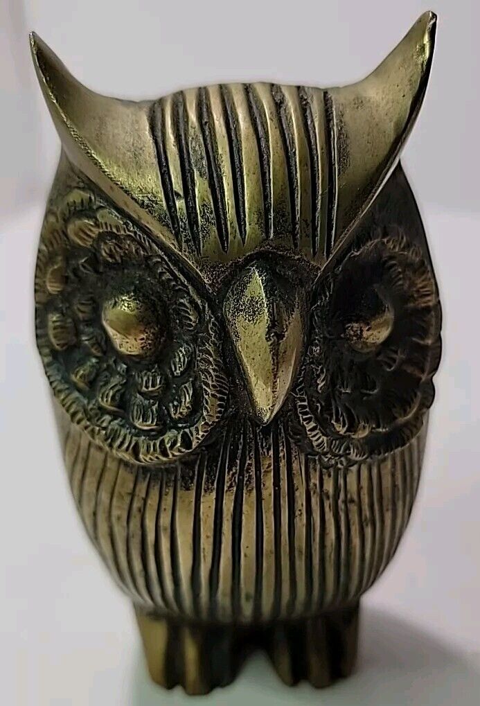 Vintage MCM Solid Brass Owl Russ Figurine Decor Paperweight Decor Collectible 