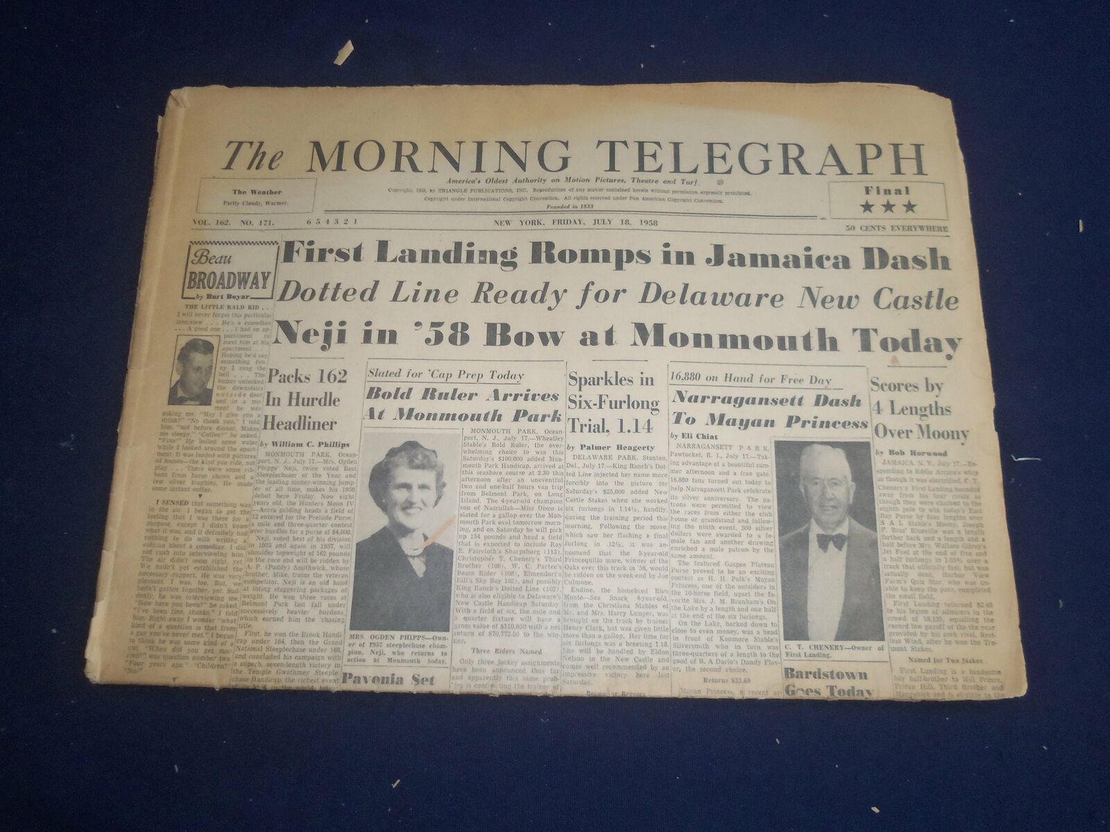 1958 JULY 18 THE MORNING TELEGRAPH- FIRST LANDING ROMPS IN JAMAICA DASH- NP 5533