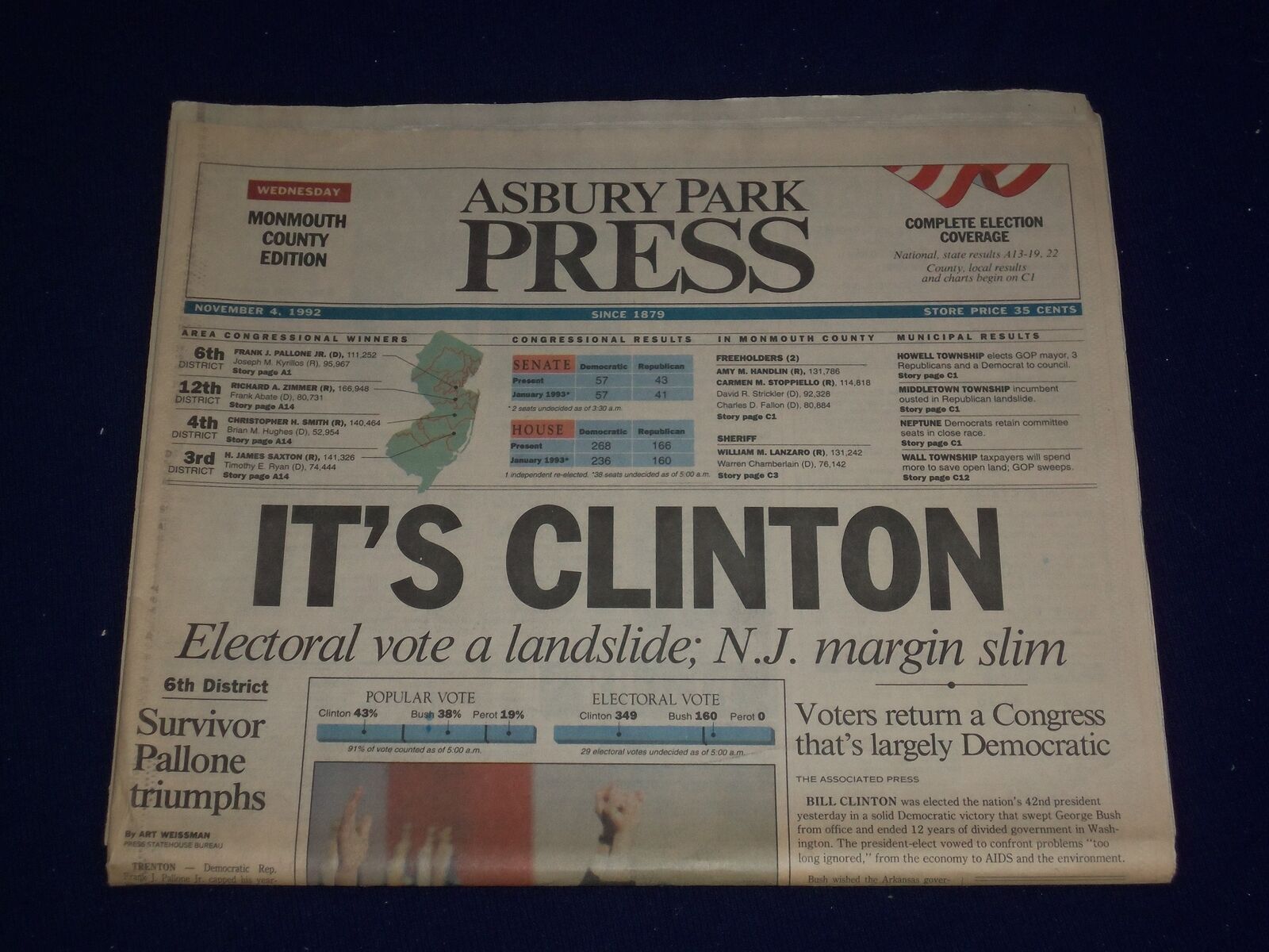 1992 NOVEMBER 4 ASBURY PARK PRESS NEWSPAPER - CLINTON ELECTED PRESIDENT- NP 3069