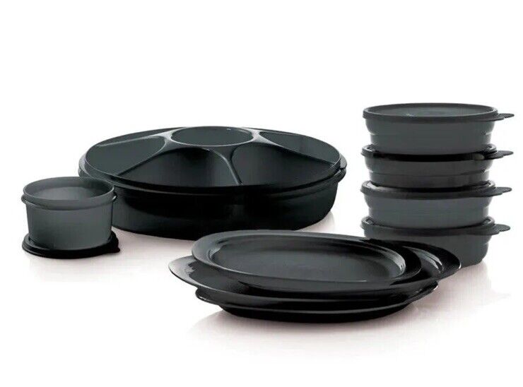 Tupperware All Black Serving Center Microwave Reheatable Plate Cereal Bowl Set