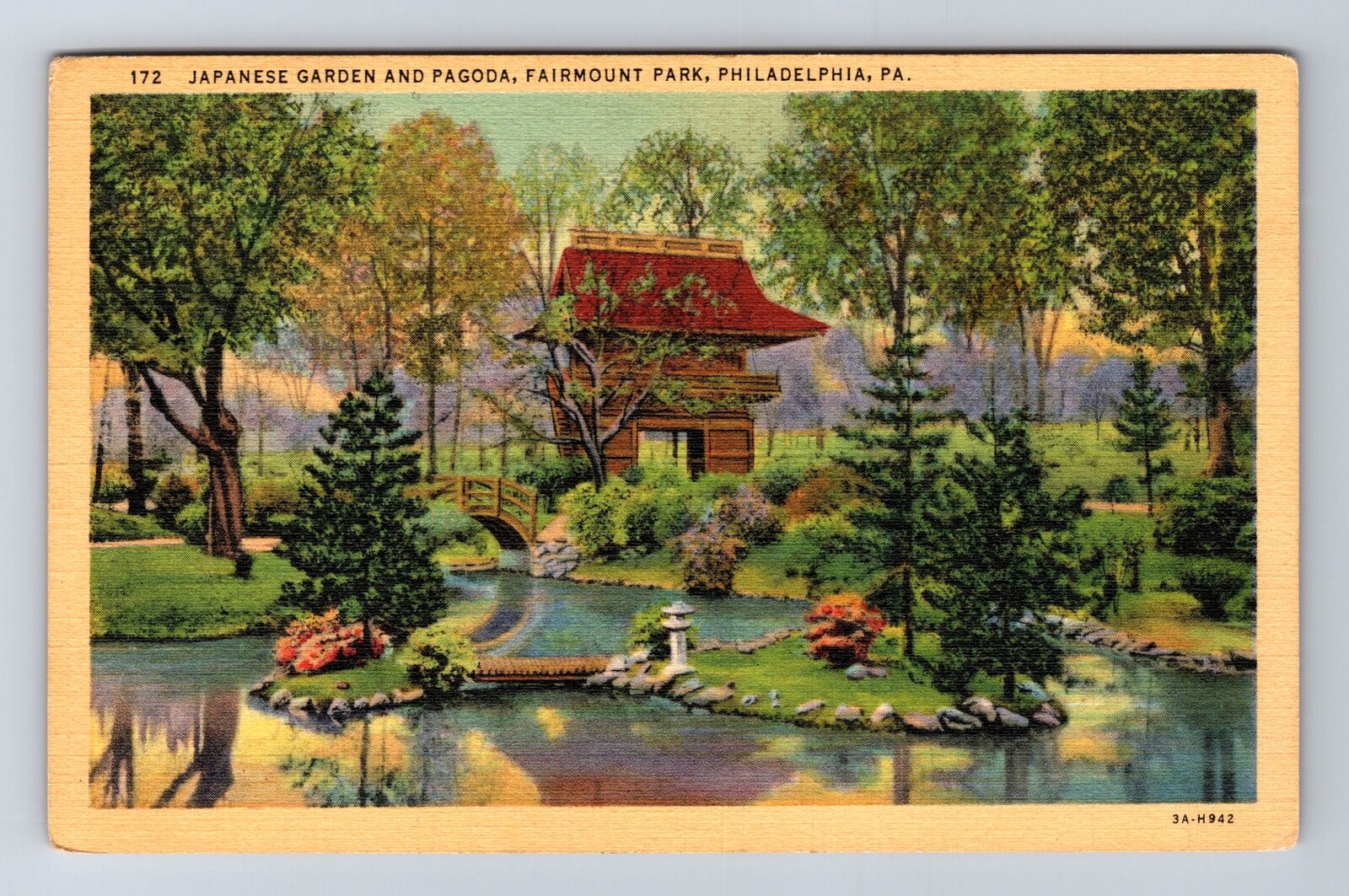 Philadelphia PA-Pennsylvania, Japanese Garden, Pagoda, Park, Vintage Postcard