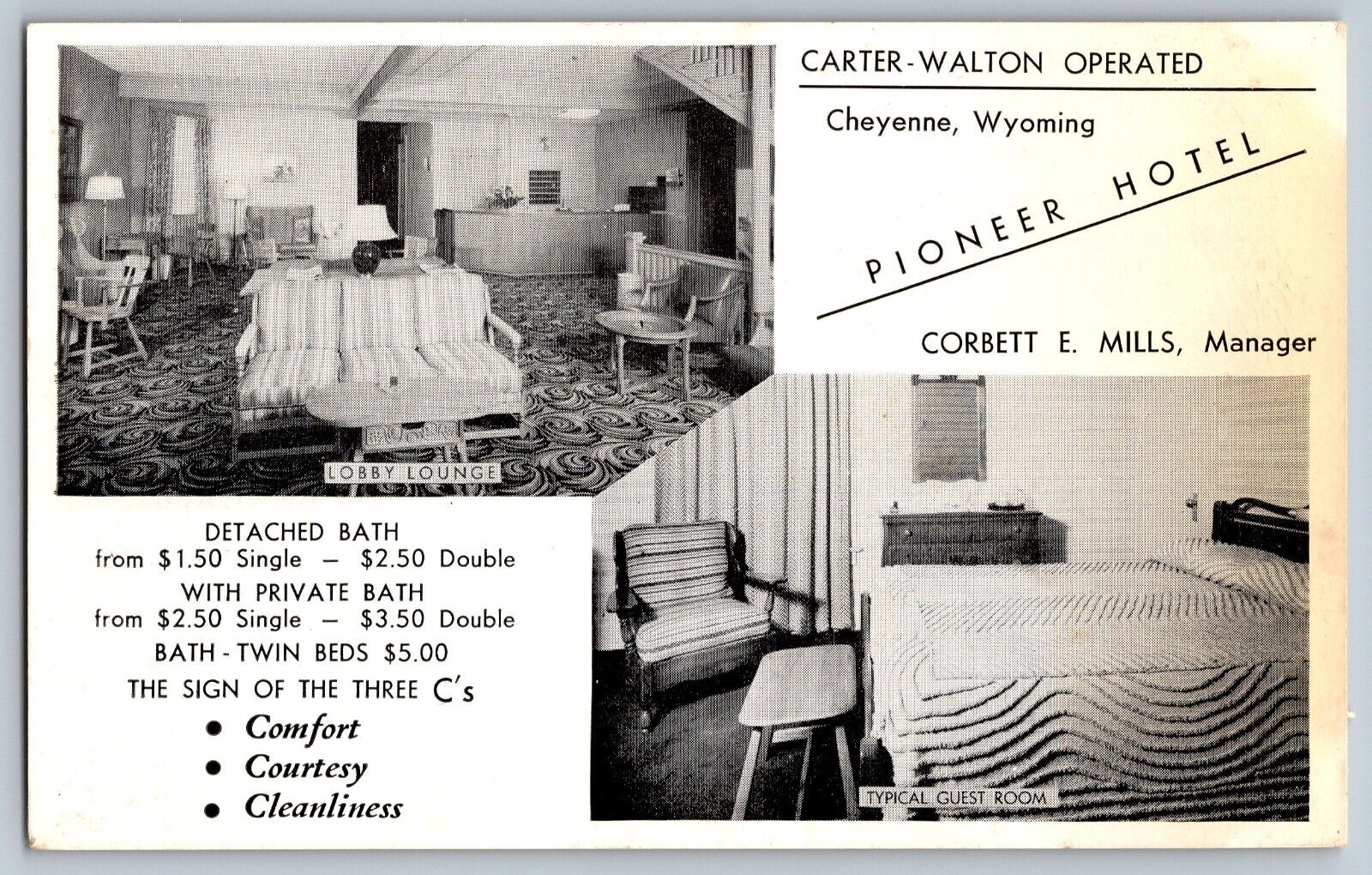 Cheyenne, Wyoming WY - Pioneer Hotel - Lobby Lounge Area - Vintage Postcard