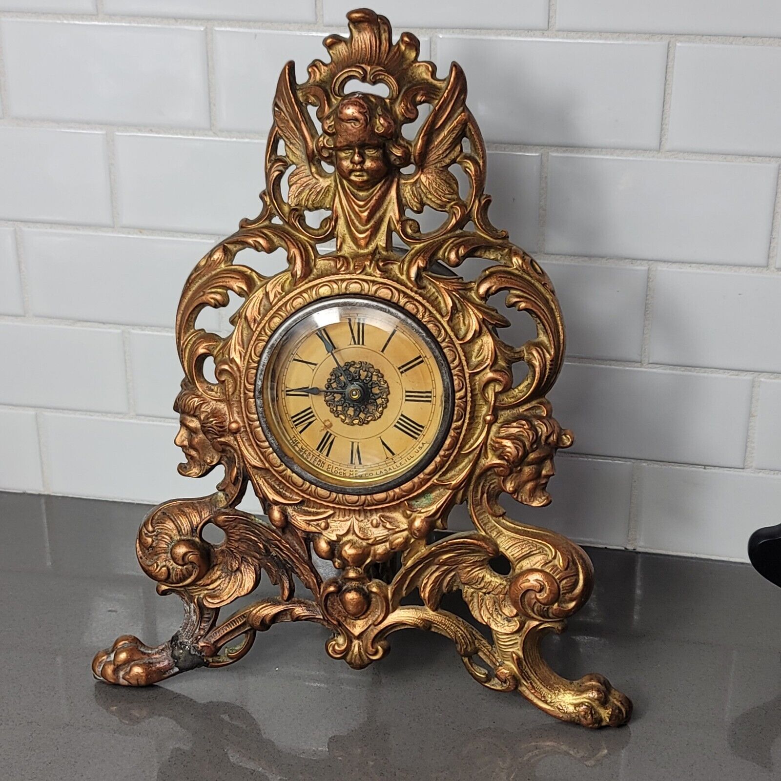 Antique Ornate Cherub Gold Tone Cast Iron Foot Victorian Shelf Mantle Clock Work