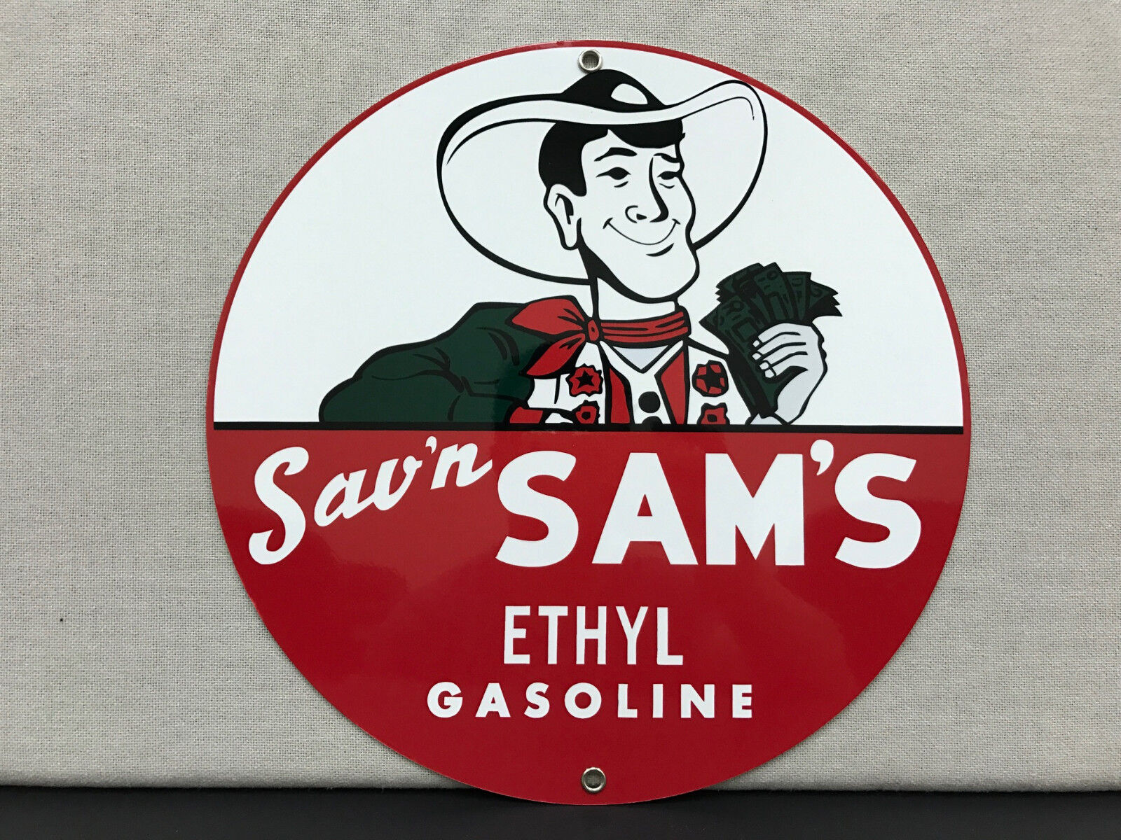Sav'n Sam's ethyl gasoline vintage round metal  sign reproduction