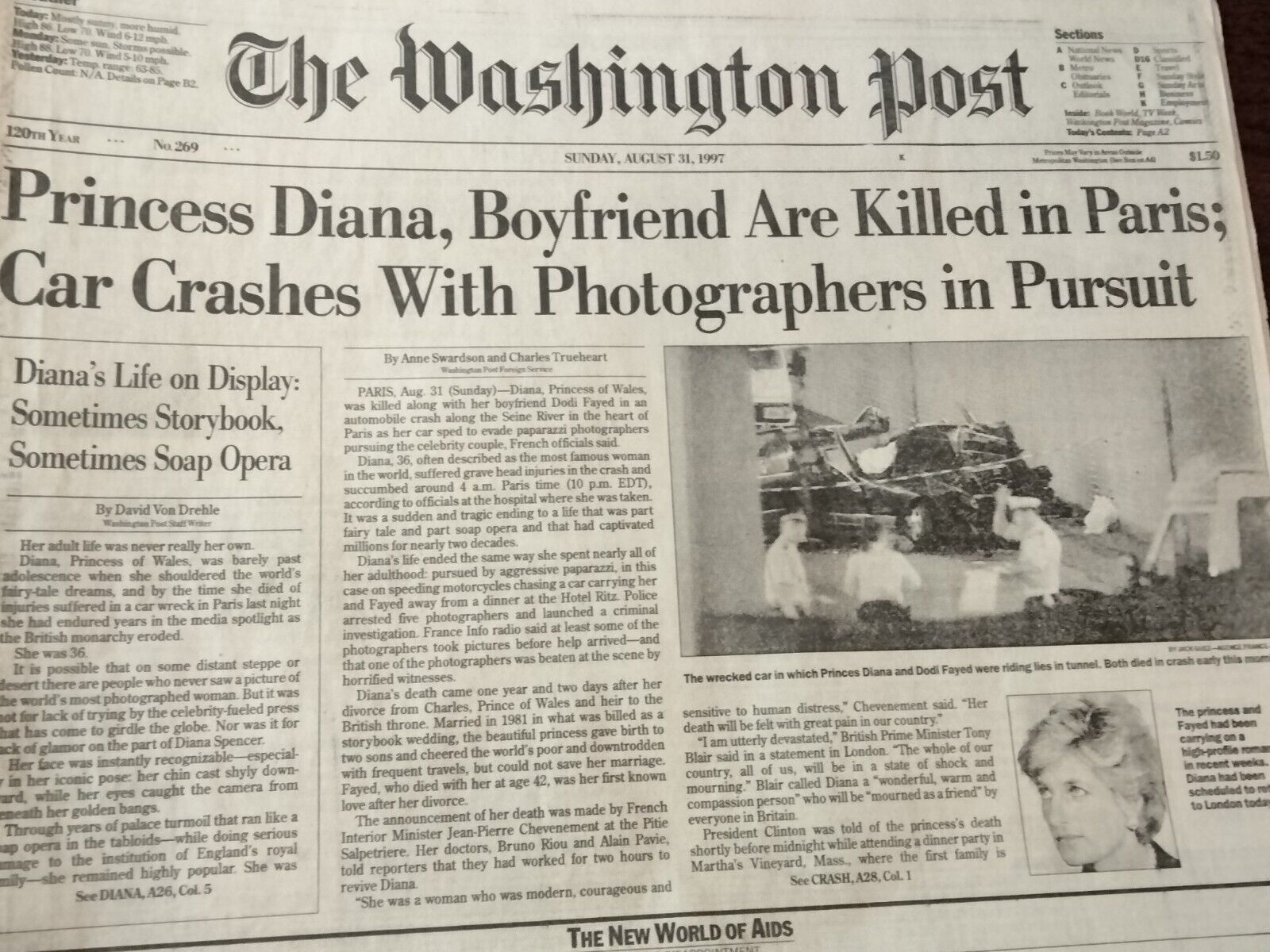Newspapers- PRINCESS DIANA KILLED IN PARIS;CAR CRASHES WITH PAPARAZZI IN PURSUIT