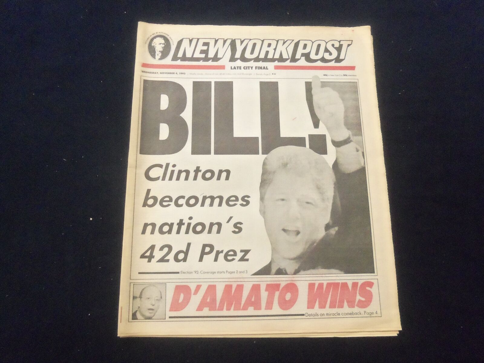 1992 NOVEMBER 4 NEW YORK POST NEWSPAPER -BILL CLINTON ELECTED PRESIDENT- NP 6075