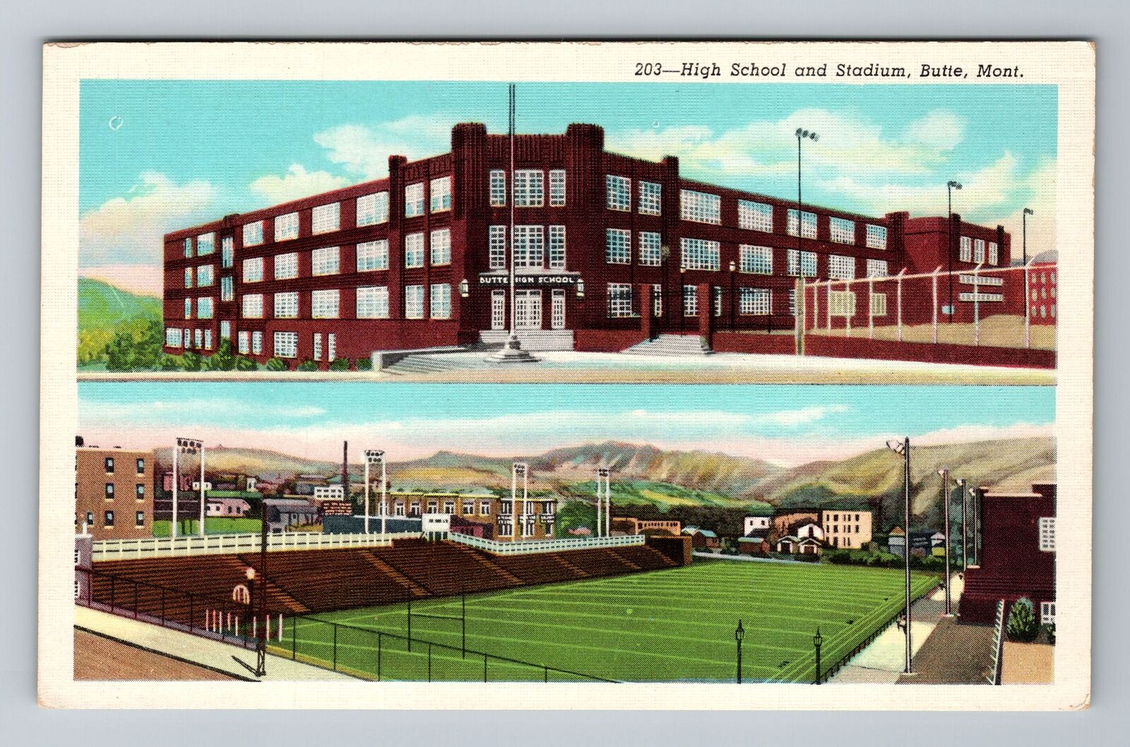 Butte MT-Montana, High School and Stadium, Antique Vintage Souvenir Postcard