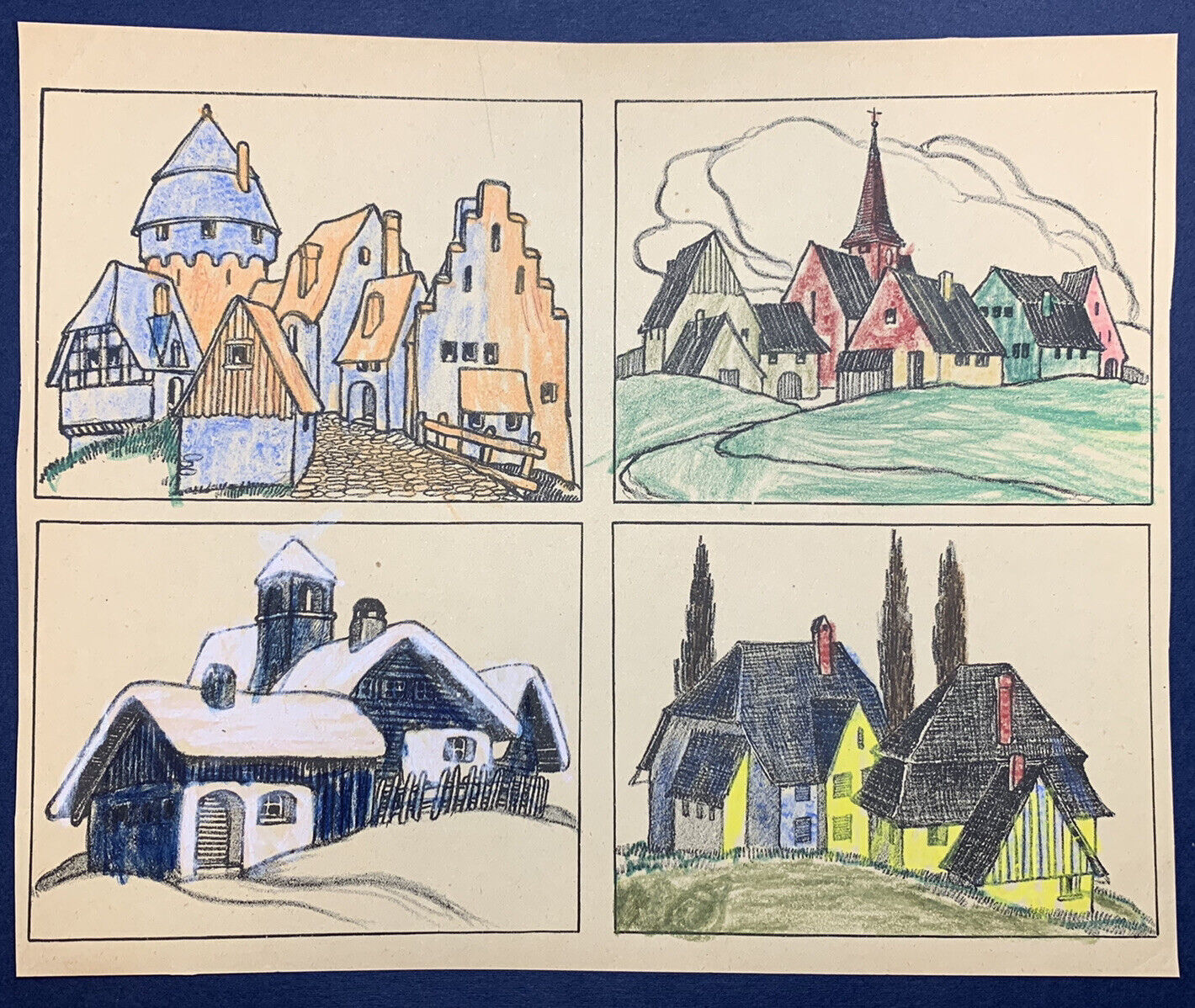 EARLY CHILDREN'S COLORING BOOK PAGE OF 4 PICTURES COLORED IN