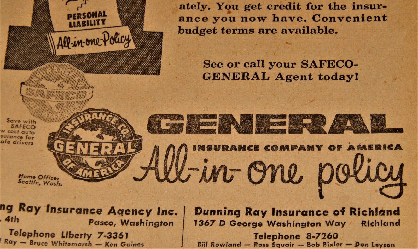 Vintage Advertisement, PASCO & RICHLAND, WA,1956, \
