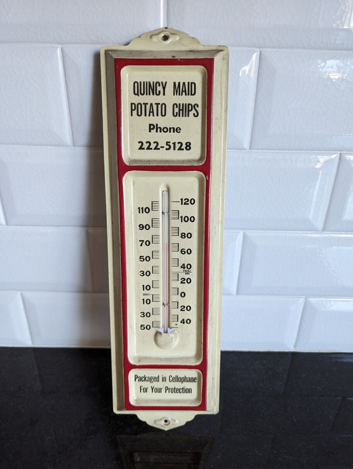 1950s QUINCY MAID POTATO CHIPS METAL THERMOMETER SIGN Quincy Illinois ILL
