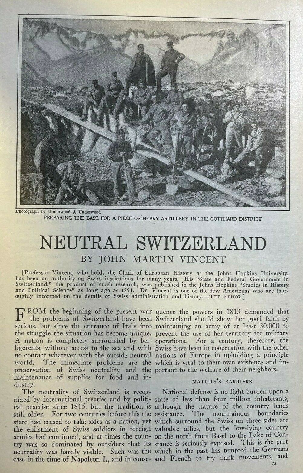 1913 Neutral Switzerland Gotthard District Basle Jura Mountains illustrated