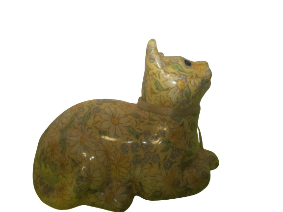 Floral Decoupage Porcelain  Cat With Felt Bottom Figurine Laying Down 12\