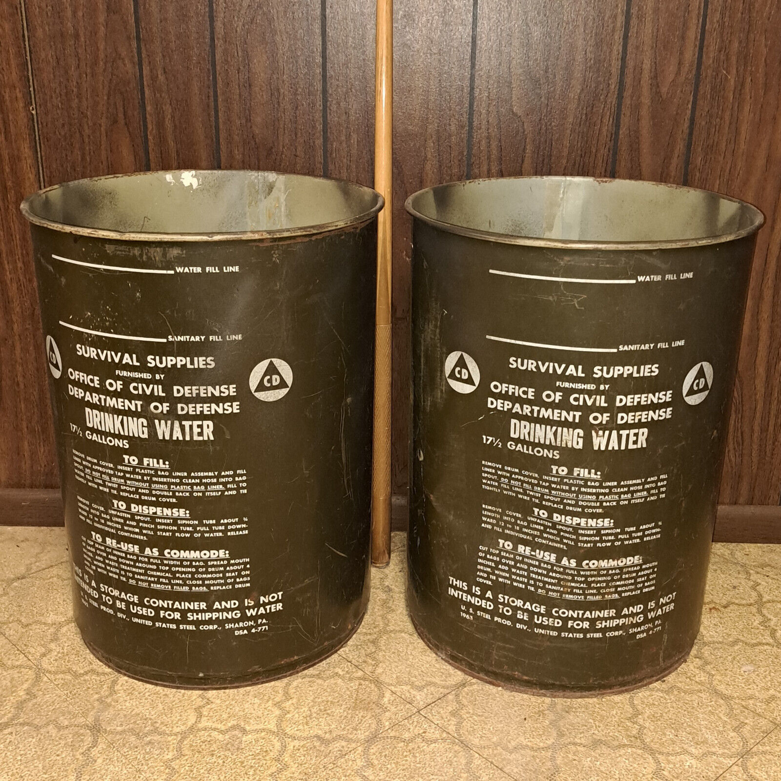 Vintage Cold War Civil Defense 17.5 Gallon Metal Drinking Water Barrel Drum 1963