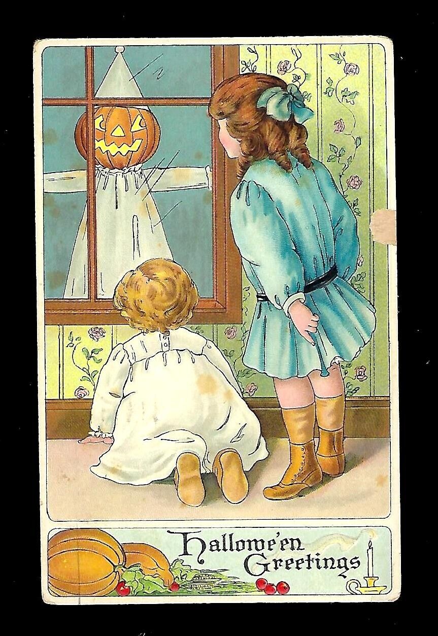 c1909 Brown & Woodley Halloween Postcard Children Pumpkin Ghost in Window