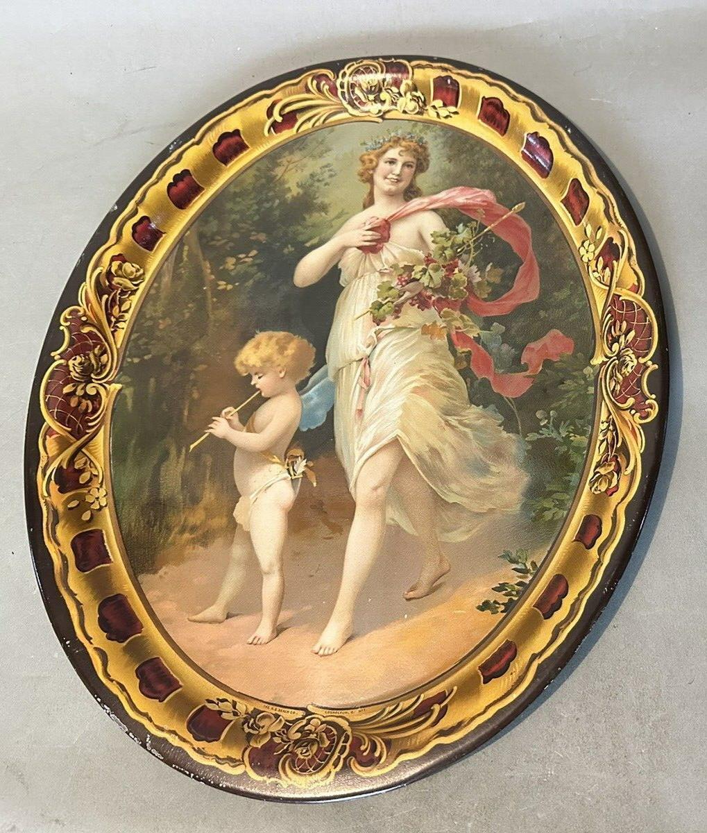 Vintage Antique Advertising Tray with Flute Playing Cherub & Maiden