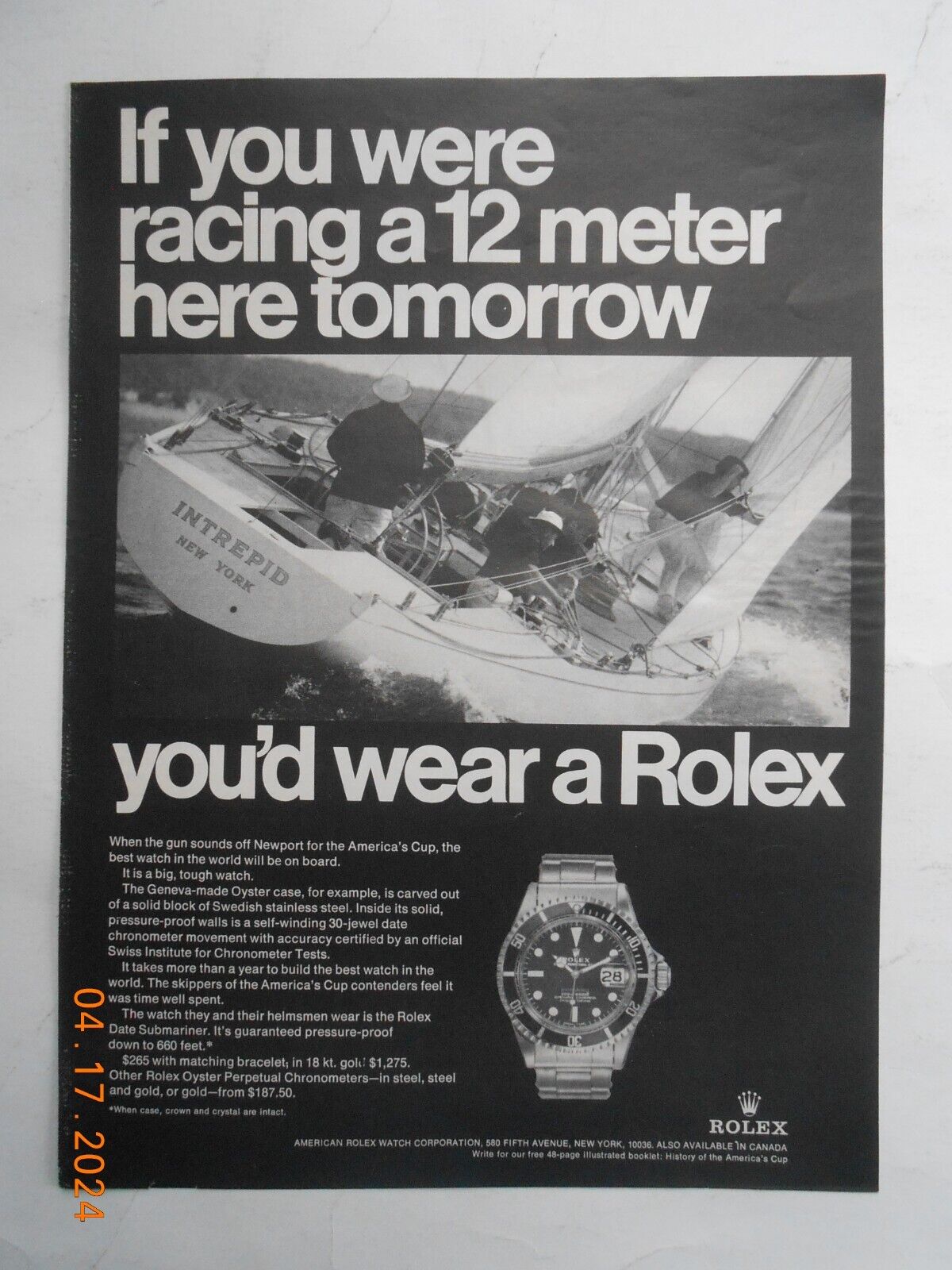 1970 Rolex Submariner watch PRINT AD  America's Cup yacht Intrepid photo vintage