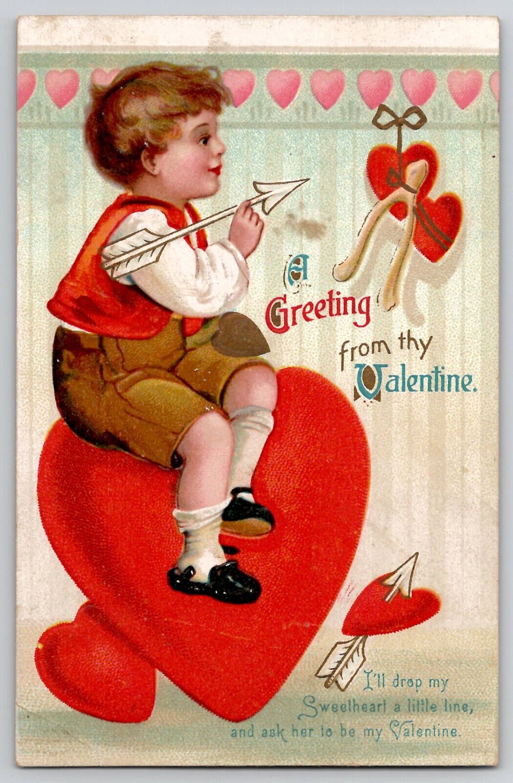 Valentine\'s Day Postcard Unsigned Clapssadle ? Little Boy on Heart 1073 c 1910\'s
