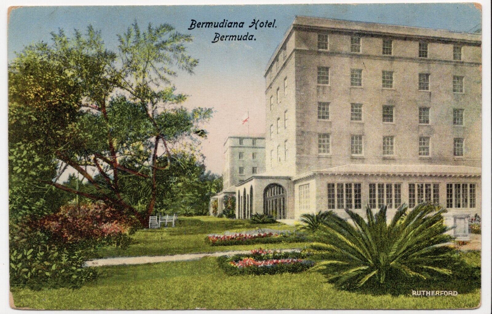 Bermudiana Hotel, Bermuda Lithograph Posted Postcard Bermuda Caravel Ship Stamp