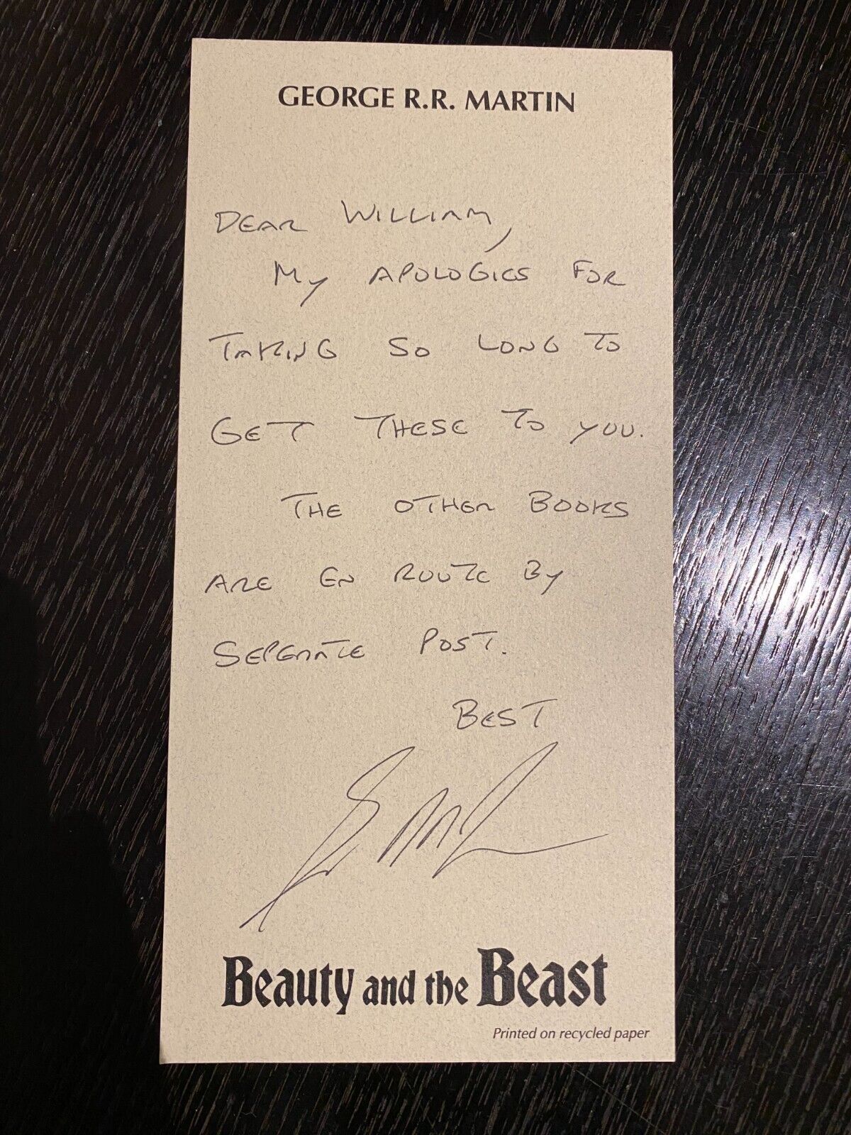 Signed note from George R.R. Martin Autograph \