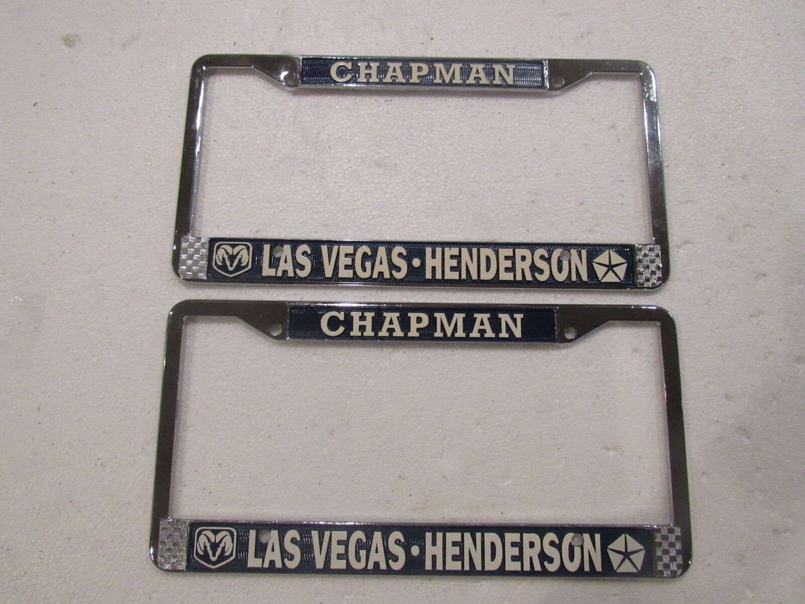 NOS Set Las Vegas Dodge Chrysler Ram Dealership License Plate Frames Metal Pair 