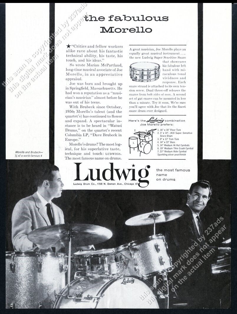 1962 Joe Morello Dave Brubeck photo Ludwig drums drum set kit vintage print ad