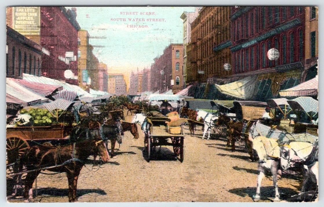 1909 CHICAGO IL WATER STREET SCENE PRODUCE & FRUIT VENDORS HORSES AWNINGS WAGONS
