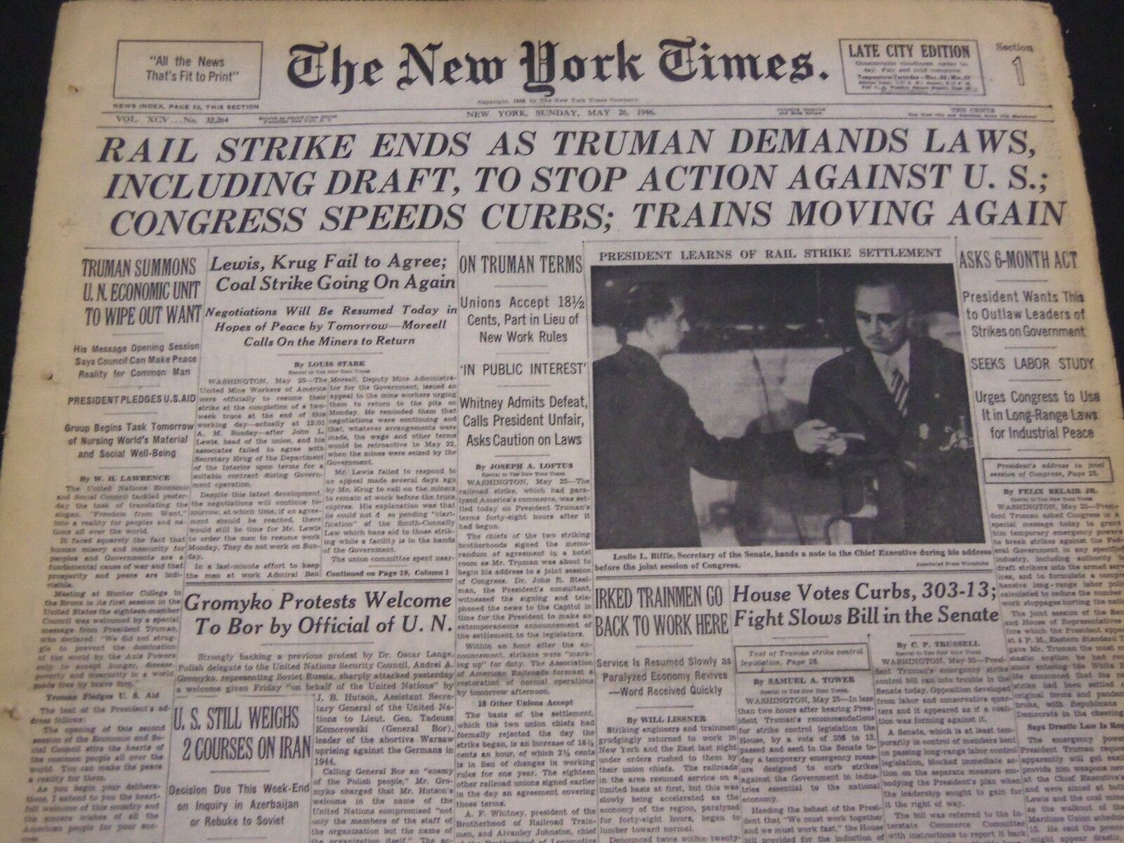 1946 MAY 26 NEW YORK TIMES - RAIL STRIKE ENDS - NT 4247