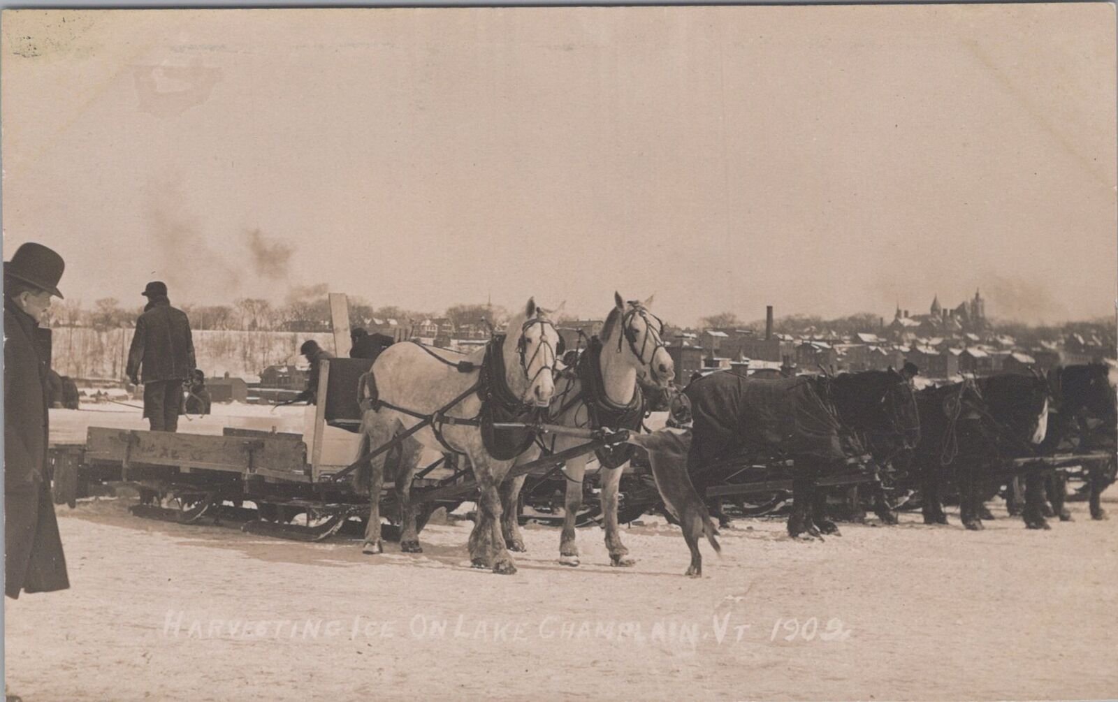 Harvesting Ice on Lake Champlain Vermont 1909 RPPC Photo Postcard
