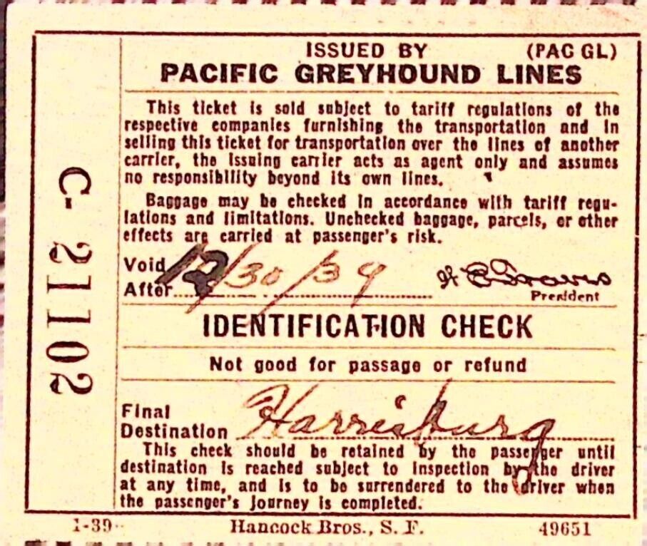 Pacific Greyhound Lines Bus Ticket to Harrisburg PA 1939