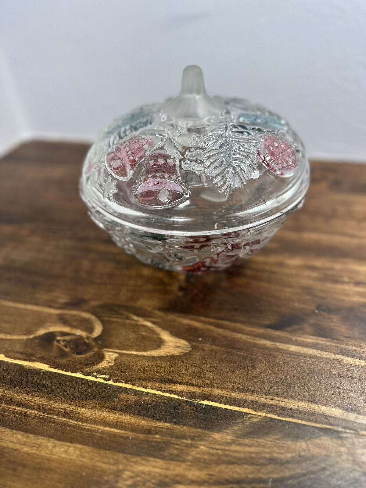 MIKASA WALTHER GLAS~ Christmas Candy Bowl With Lid Angels Bells Mistletoe Pine