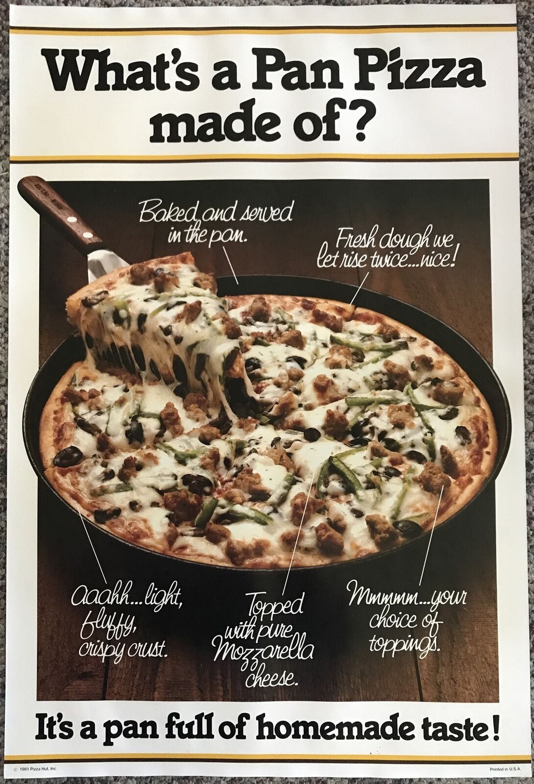 Vintage 1981 Pizza Hut Poster 30”x20” Pan Advertisement -Pan Full Homemade Taste