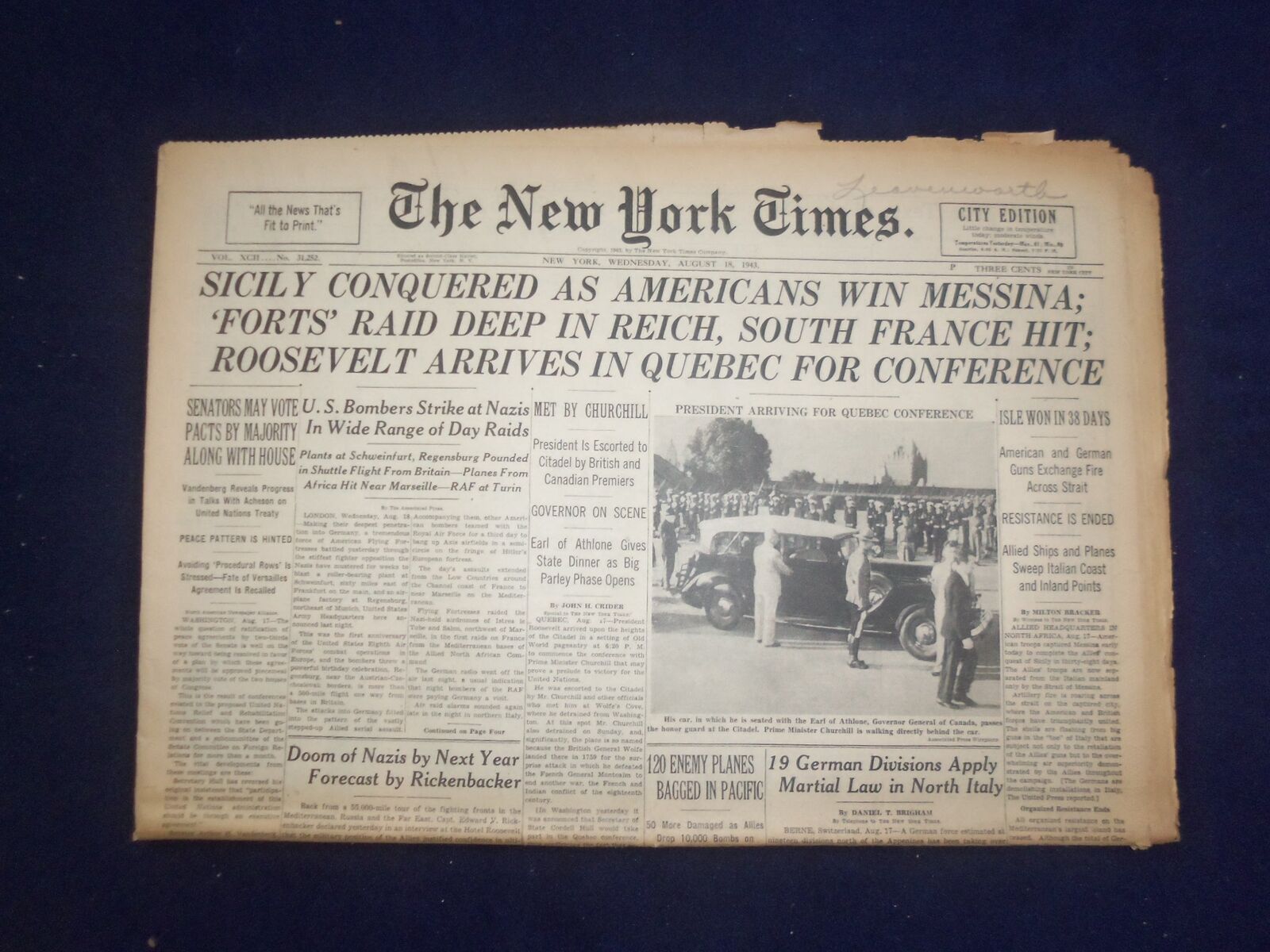 1943 AUG 18 NEW YORK TIMES - SICILY CONQUERED AS AMERICANS WIN MESSINA - NP 6551