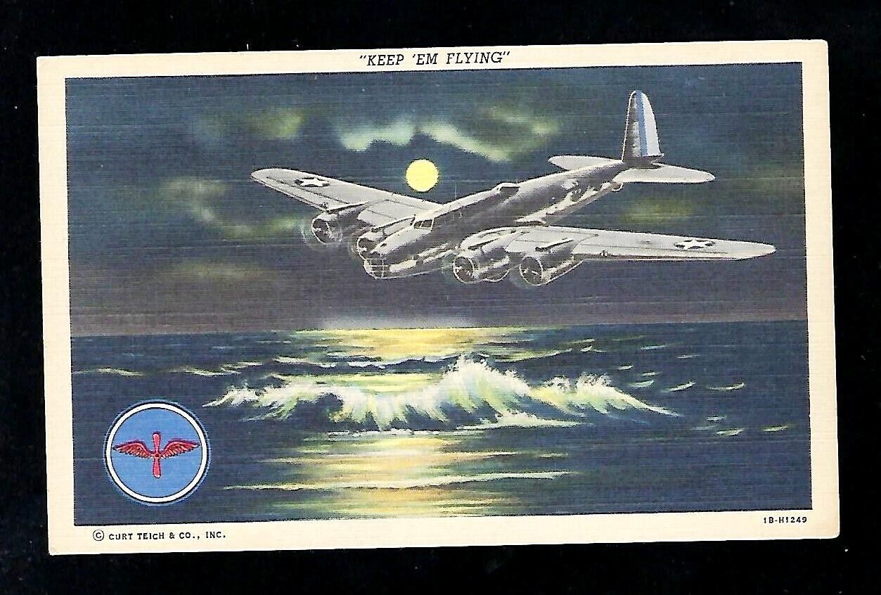 Aviation Postcard WWll Keep em Flying over Ocean Military Linen