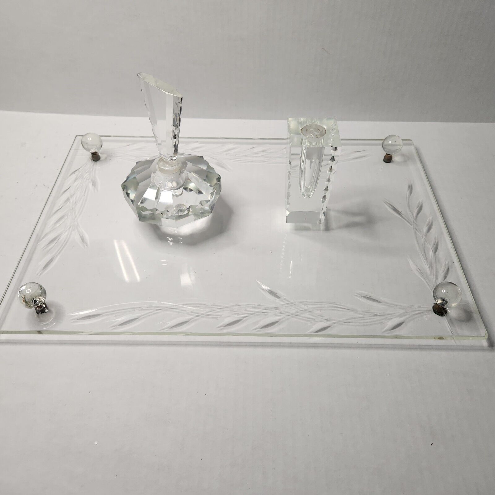 Vintage Etched Glass Perfume Bottles & Makeup Vanity Tray Art Deco Set READ