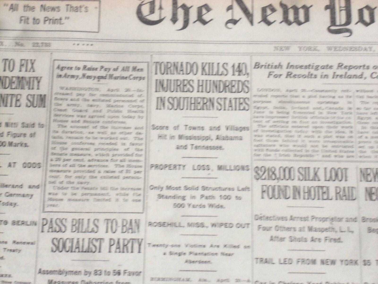 1920 APRIL 21 NEW YORK TIMES - TORNADO KILLS 140 IN SOUTHERN STATES - NT 8298