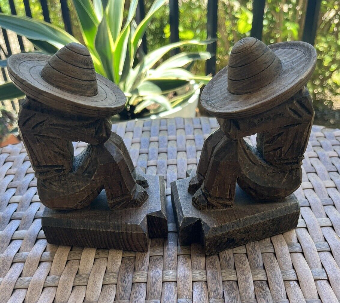 Vintage Wooden Carved  Set Of Mexican Sombrero Bookends  4” X 3”