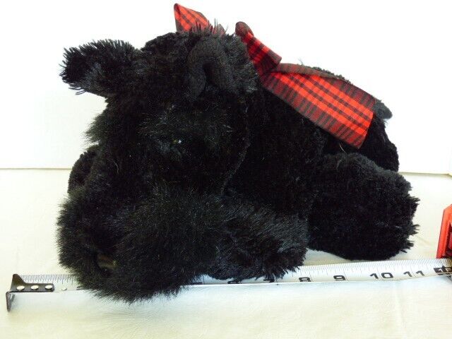 Plush Stuffed Toy Large Black Scottie Dog with Red Plaid Ribbon Animal Adventure