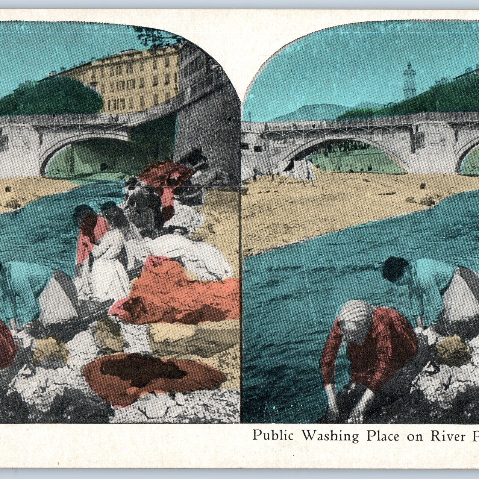c1900s Nice France Public Laundry Wash Pallion River Stereoview Bridge Women V38