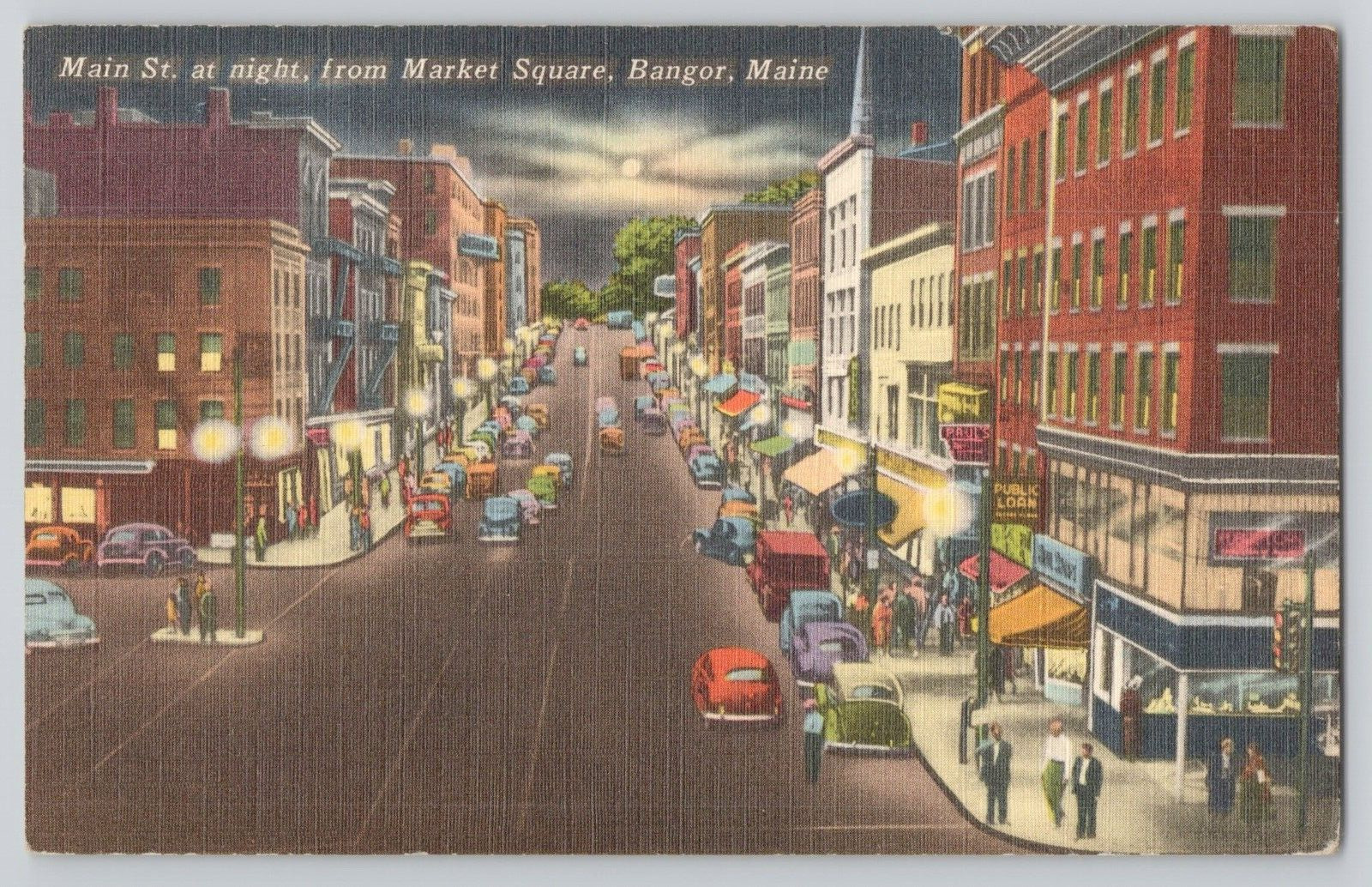 Postcard Main Street At night, Bangor, Maine