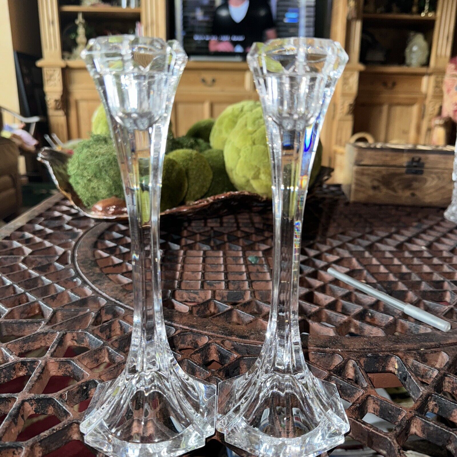 Vintage - Pair of 8” Candlesticks - Clear Crystal Glass - 6 Sided Base